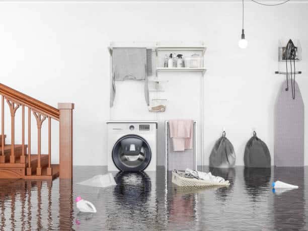 Flood waters in a basement surrounding laundry appliances and cause various items to float.