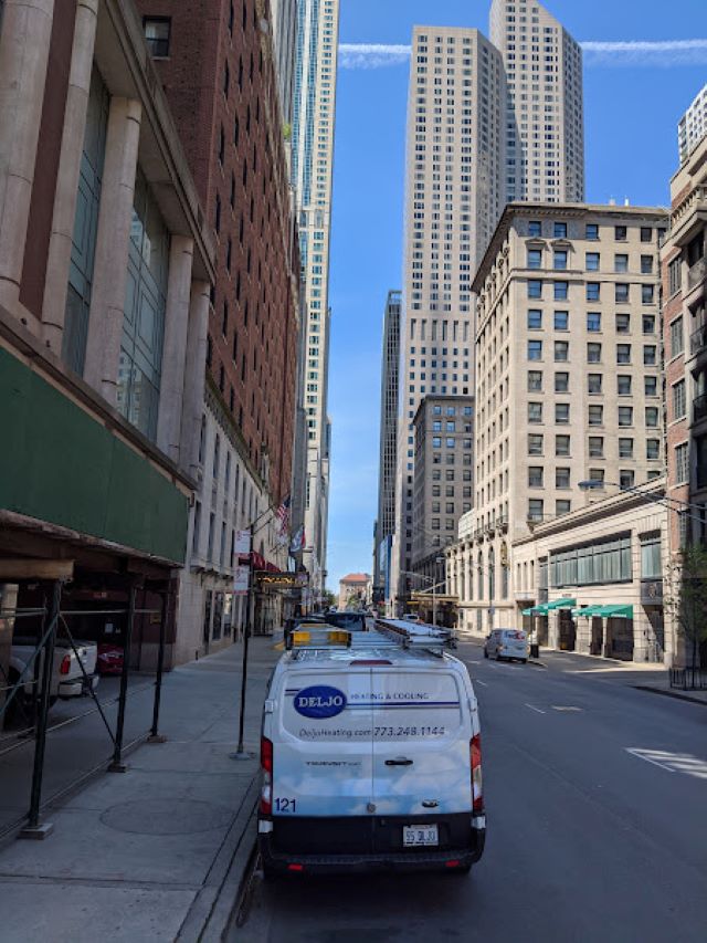 Deljo van in downtown Chicago on an AC repair call Deljo van in downtown Chicago on an AC repair call